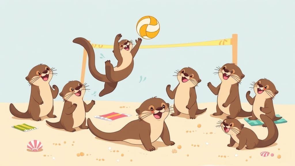 Cartoon Otters Play Volleyball on Sandy Beach