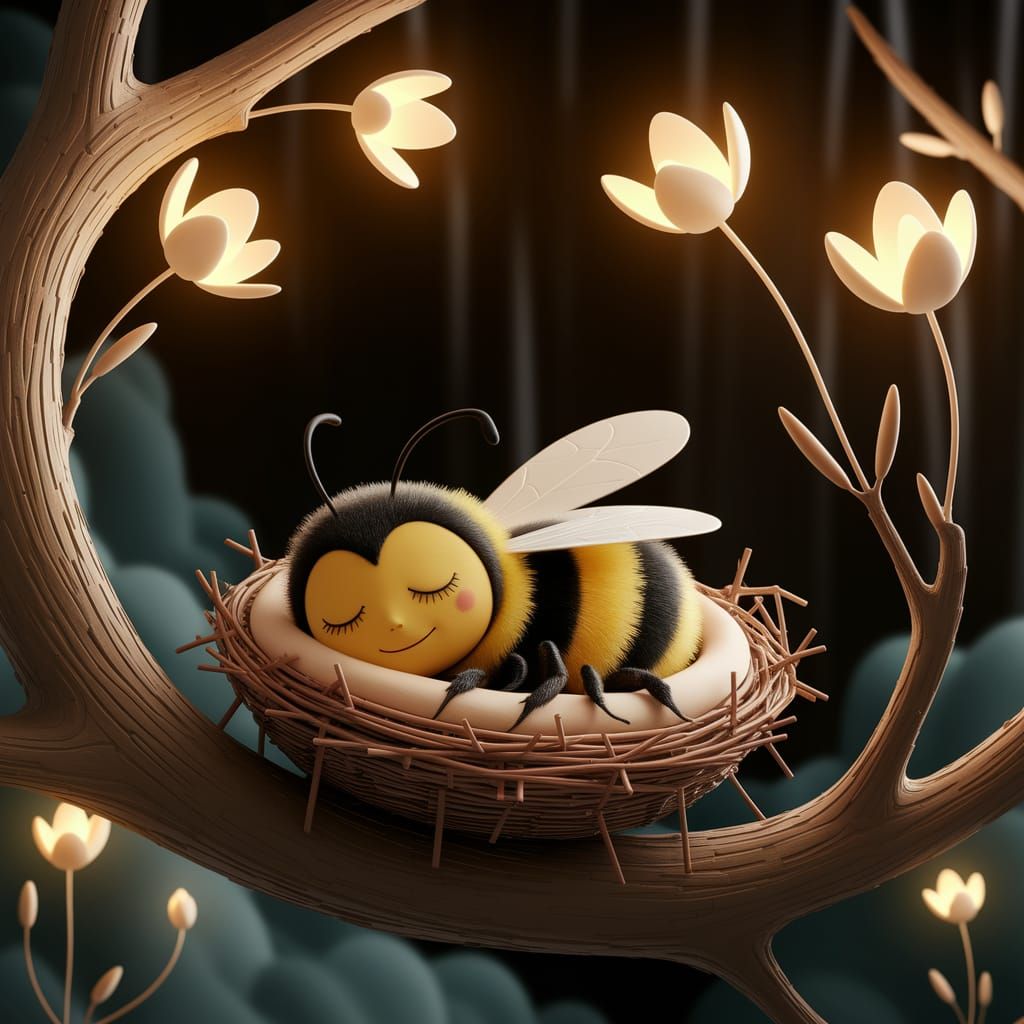 Sleepy Bumble Bee in Bioluminescent Forest: Claymation Style