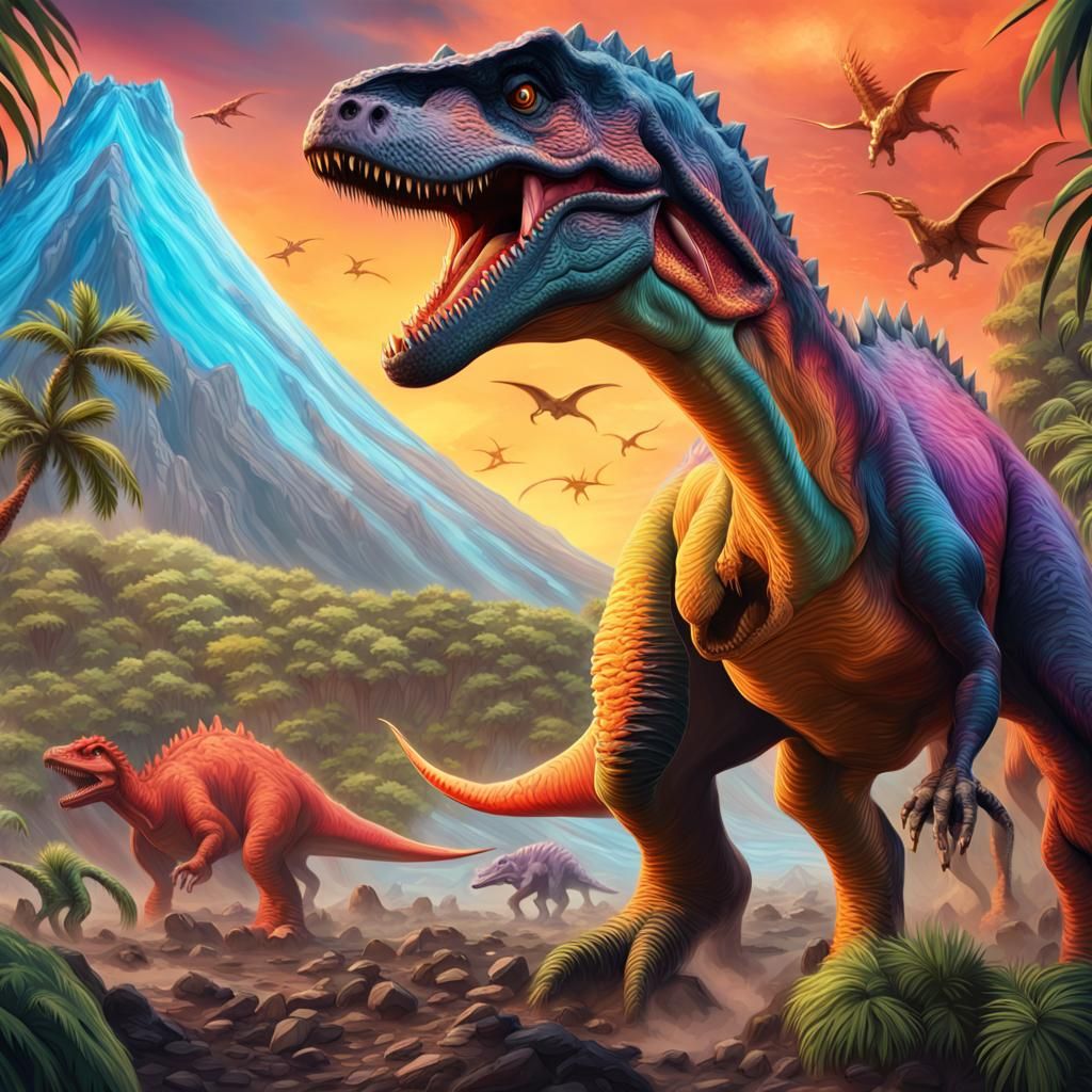 Colorful Dinosaurs Roaming a Prehistoric Landscape