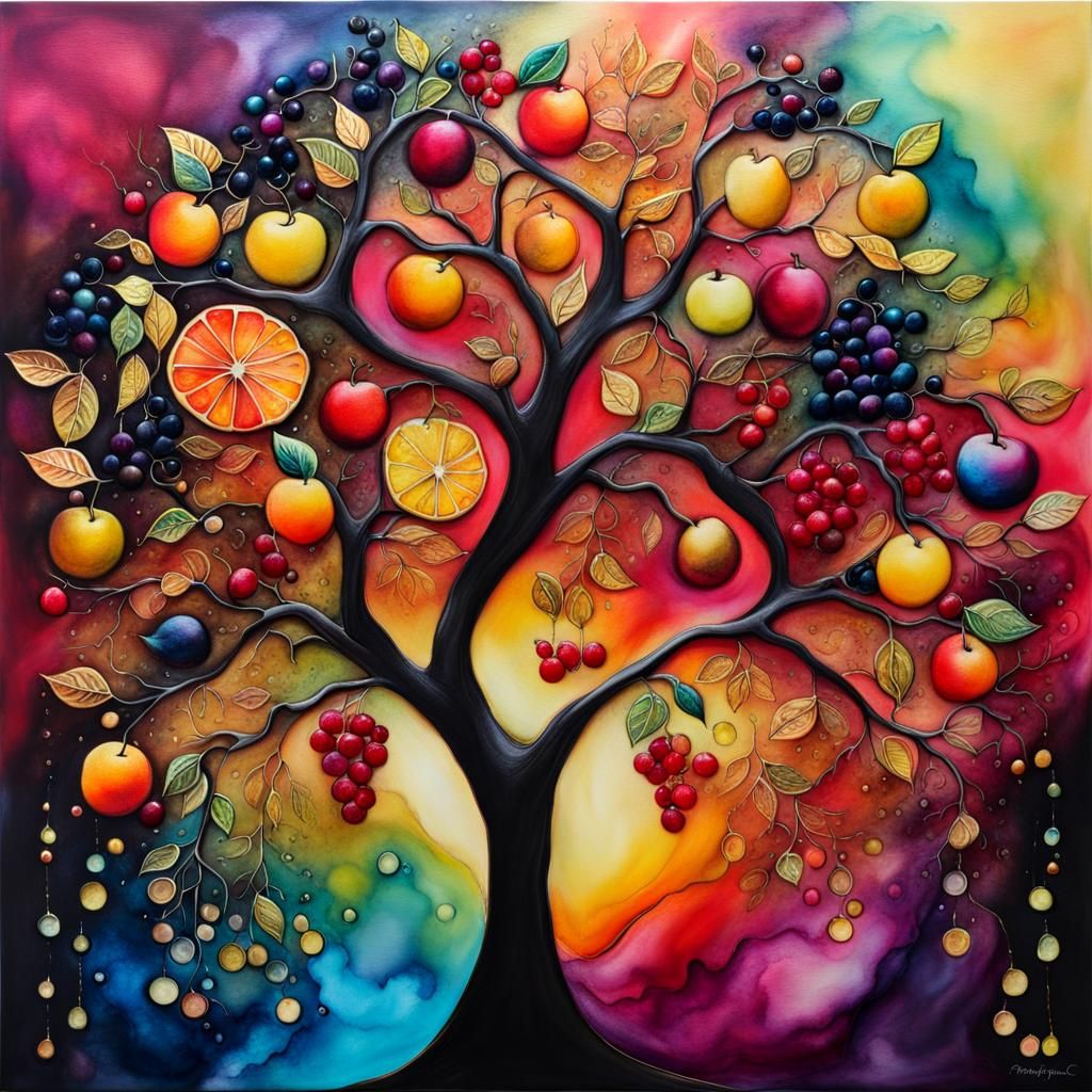 Magical Tree with Assorted Fruits in Alcohol Ink