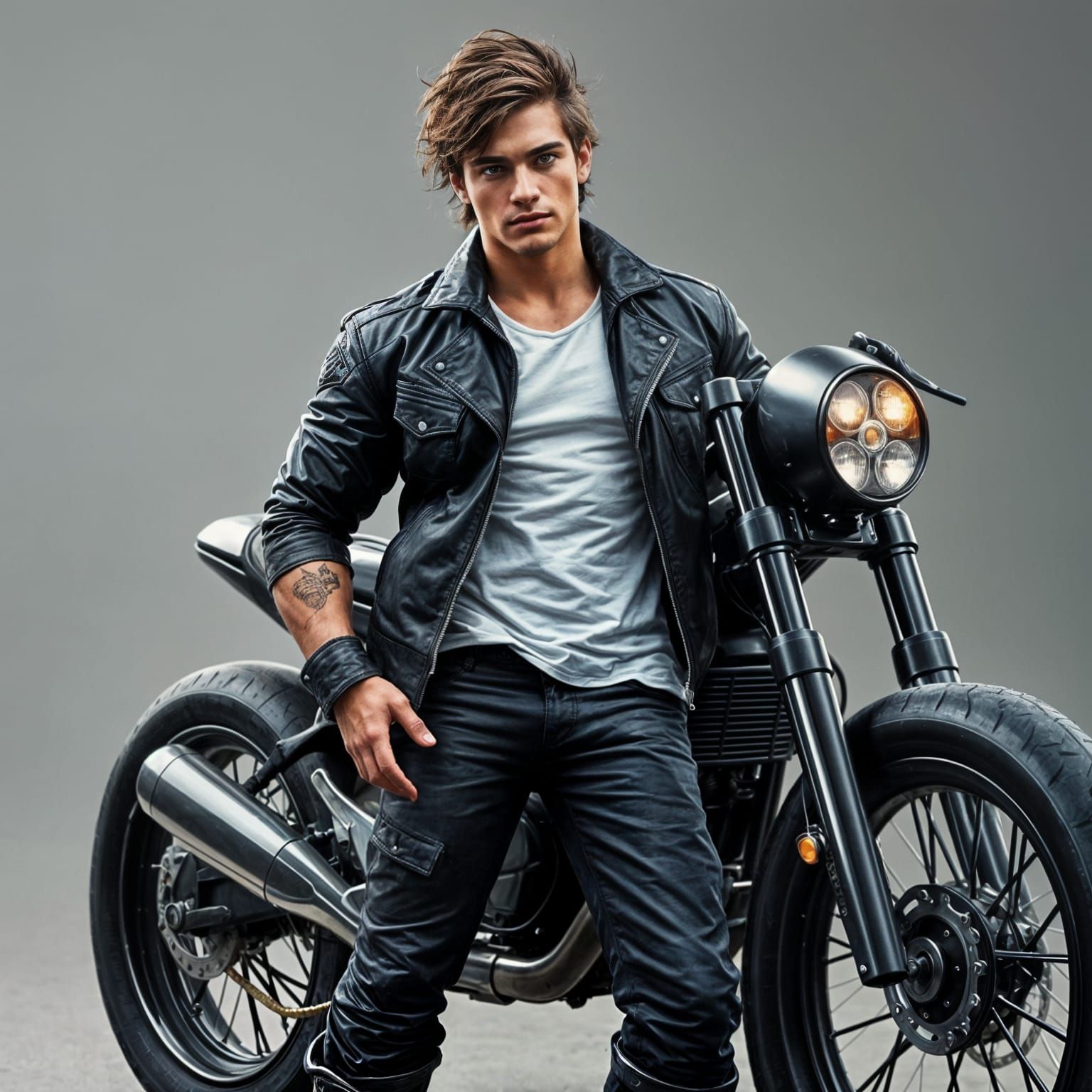 Confident Biker Stands Beside Sleek Motorcycle