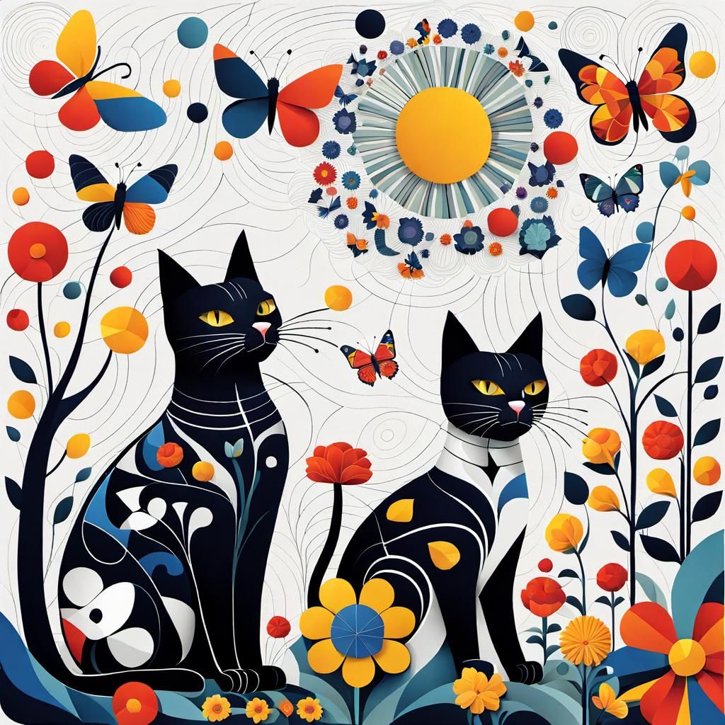 Floral Garden with Cats: Geometric Abstract Art