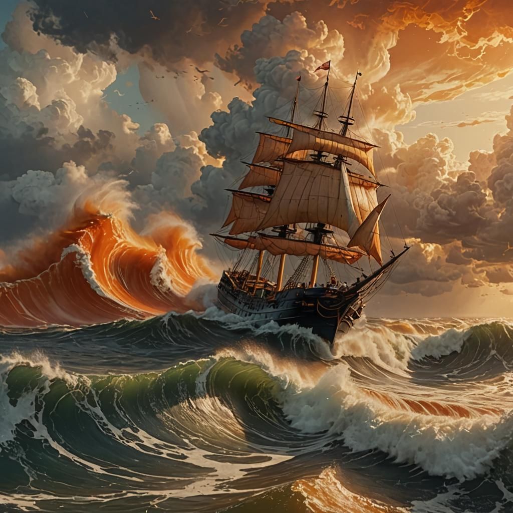 Ship Shakes Sails in Orange Hurricane Painting
