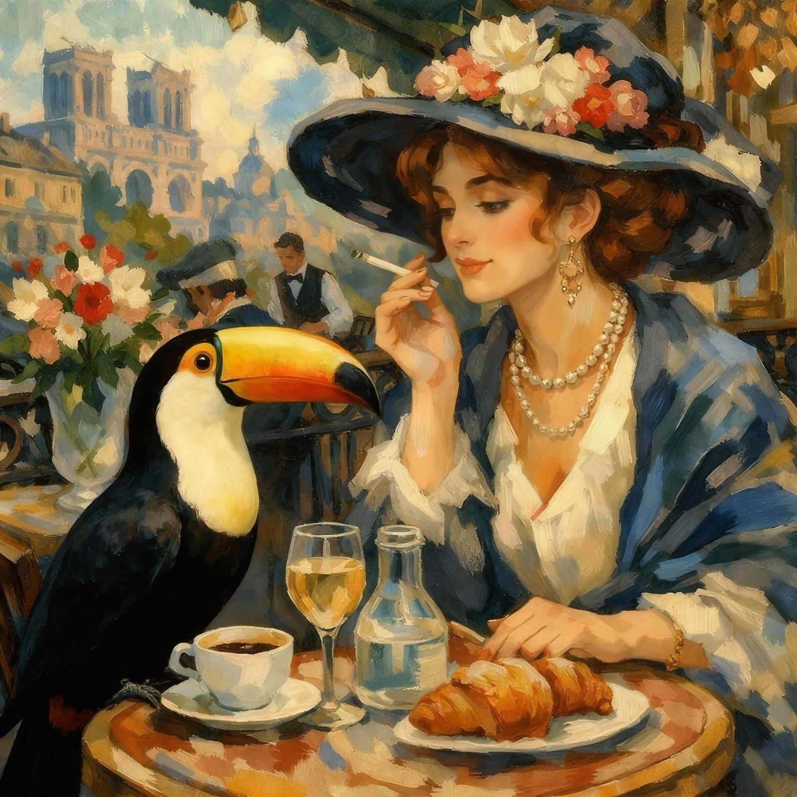 Post-Impressionist Gouache Painting of Parisian Cafe Scene