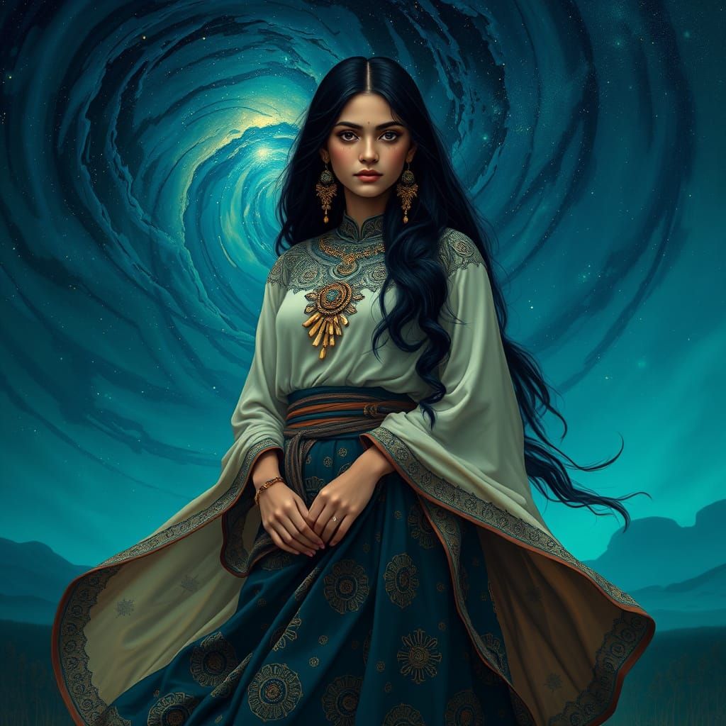 Assam Woman in Celestial Art Nouveau Landscape