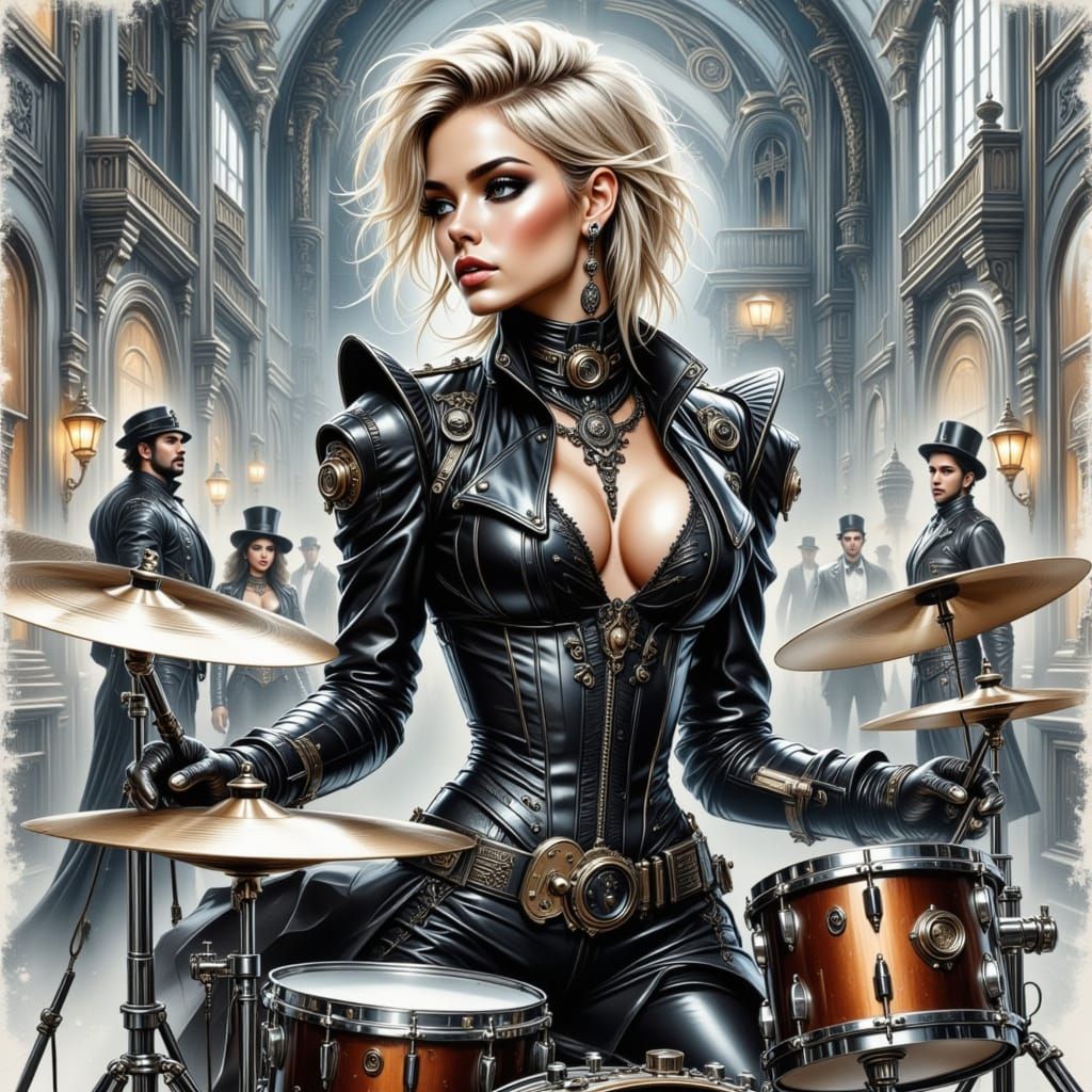 Steampunk Girl Drummer in Chaotic Collage