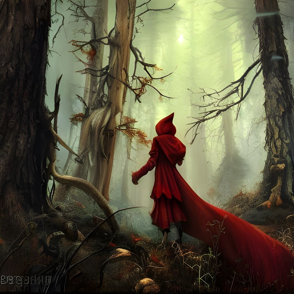 Red Riding Hood and Wolf Hunt in Woods