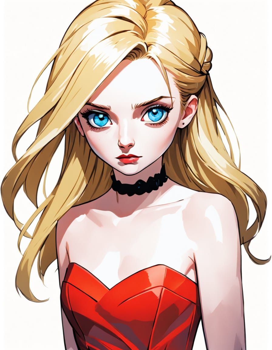 Comic Book Mug Shot of Abigail Breslin in Red Dress