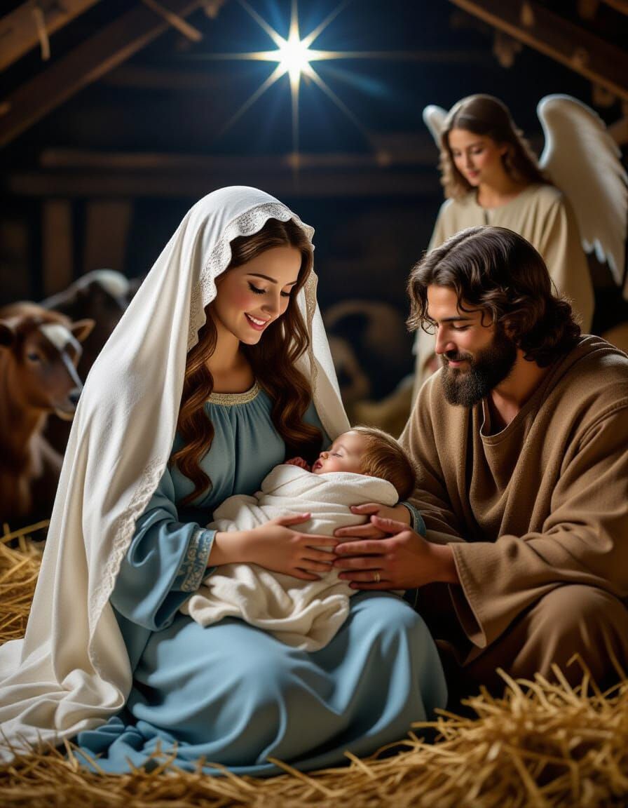 Virgin Mary and Baby Jesus in Stable with Angel