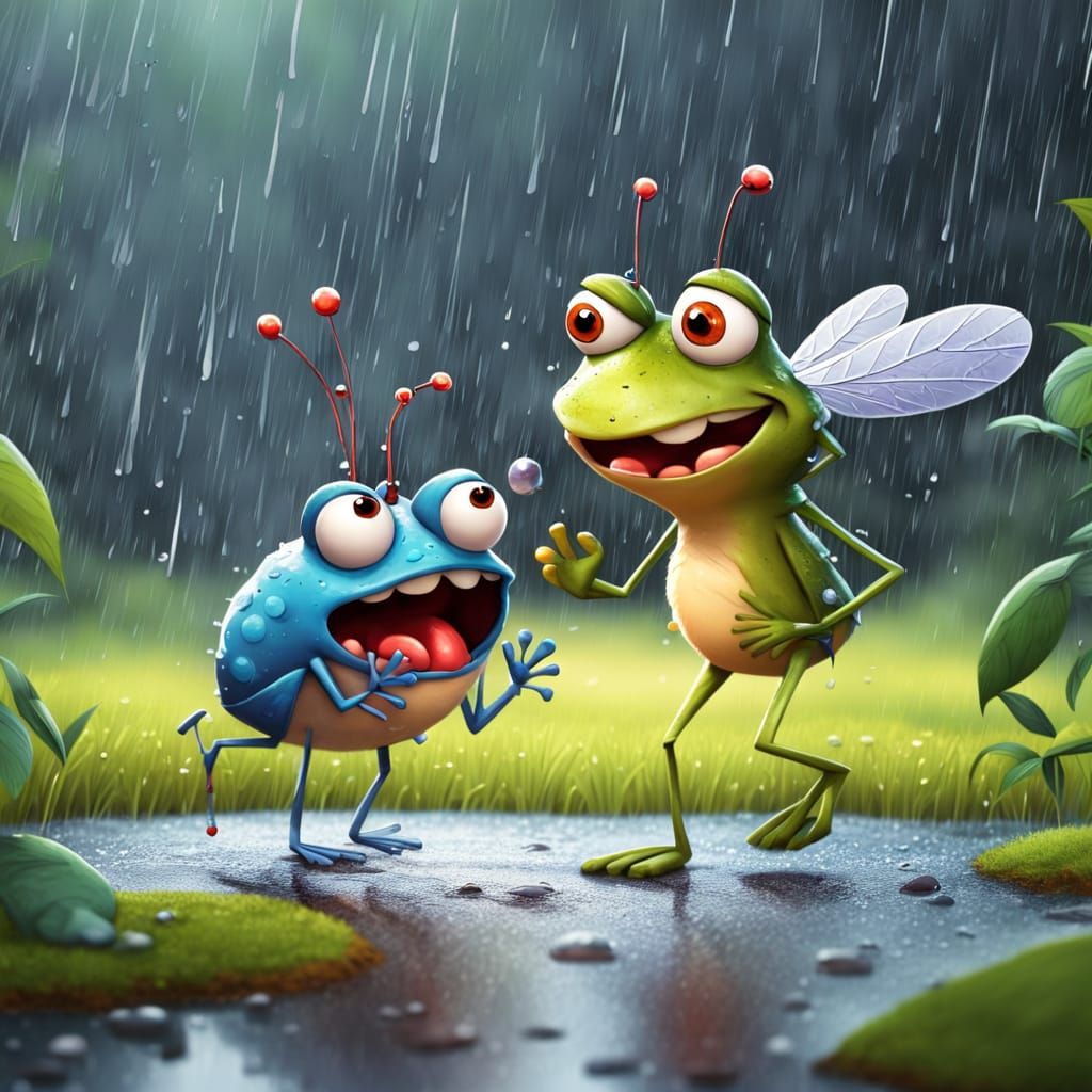 A funny cartoon mosquito walking with a frog