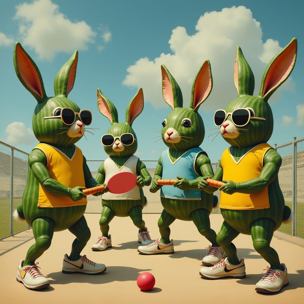 Four Surreal Watermelon Athletes in a Giant Dreamlike Rabbit