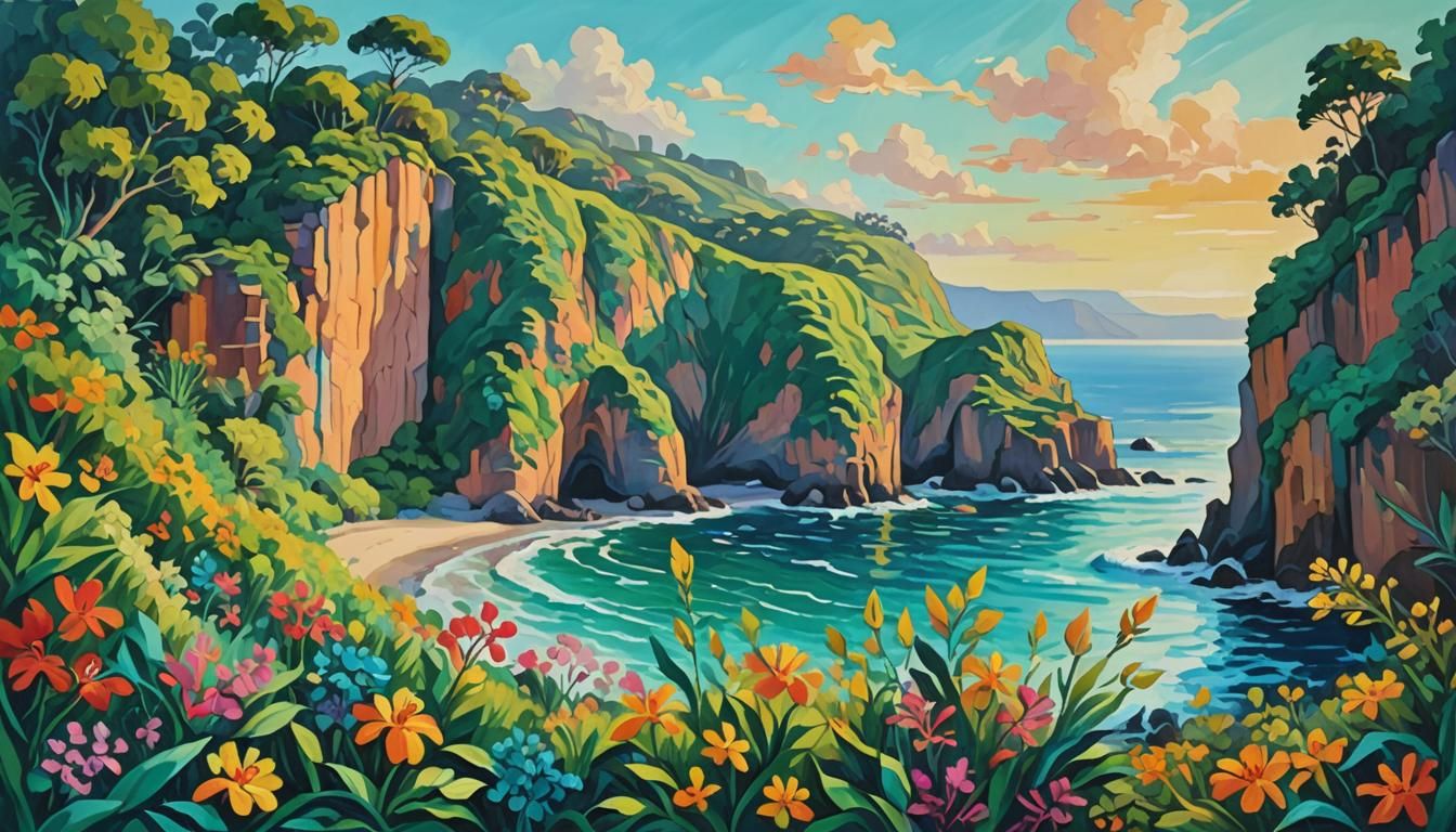 Emerald Cliffs: A Fauvist Oil Painting of Paradise