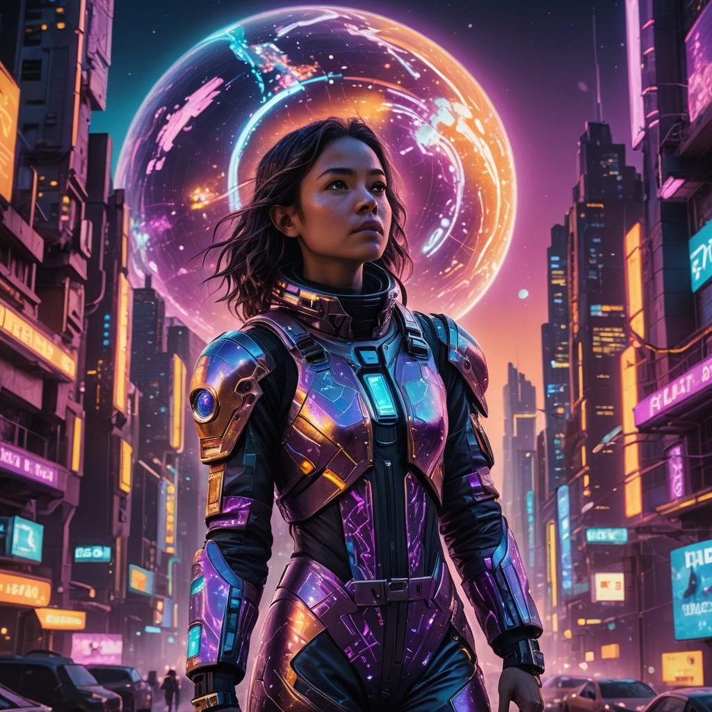 Astronaut Gazing at Holographic Orb in Neon Cityscape