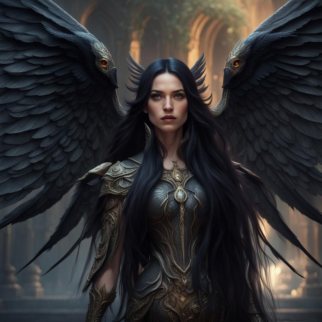 Fantastical Woman with Black Wings, Detailed Matte Painting