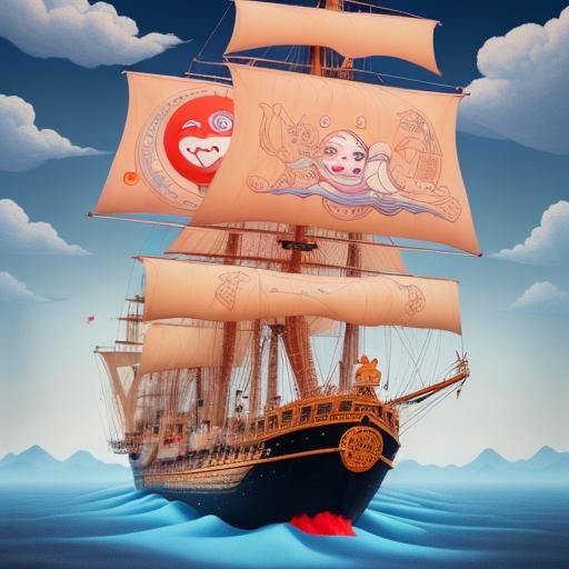 Emoji Ship Laughing on Cloud in Escher Style