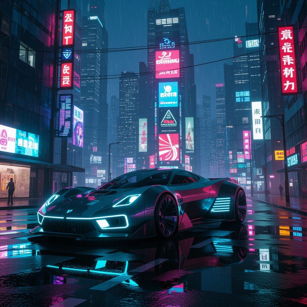 Futuristic Hovercar in Neon Cyberpunk City Street