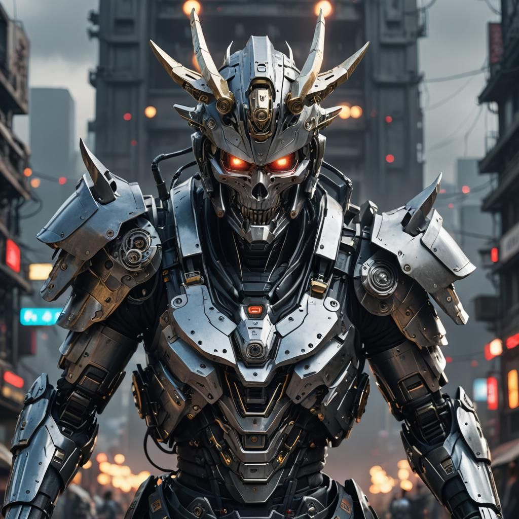 Metallic Robot Samurai in Dystopian Cityscape