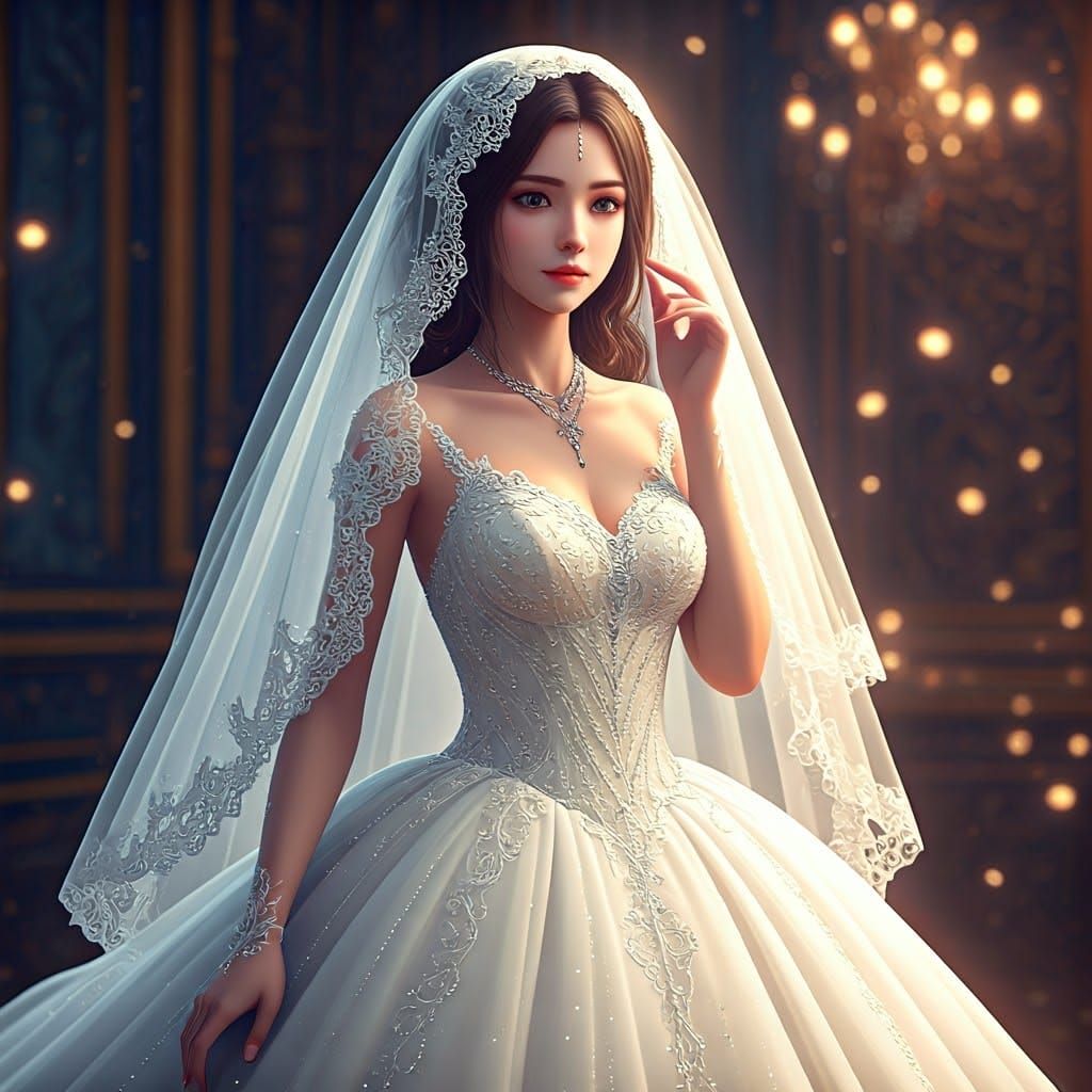 A woman in a flowing white wedding dress, her head covered w...