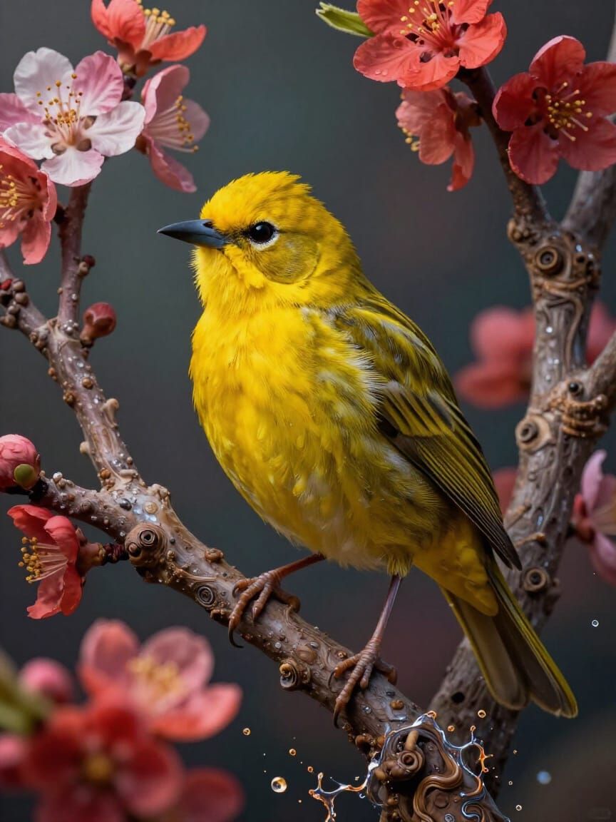 Yellow Bird in Blossoming Wattle Tree