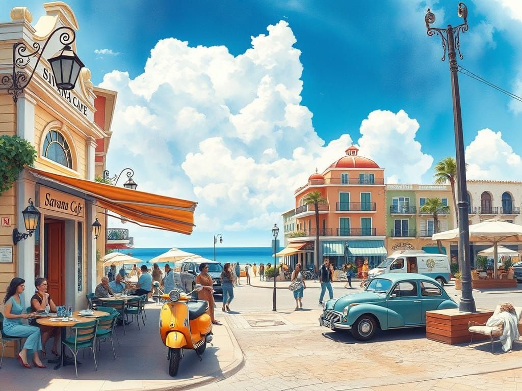 Elegant Beachside Cafe Scene in Vibrant Pastel Watercolor St...