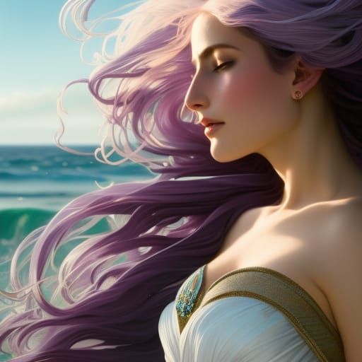 Woman with Mauve Hair in Wind, Art Nouveau Style