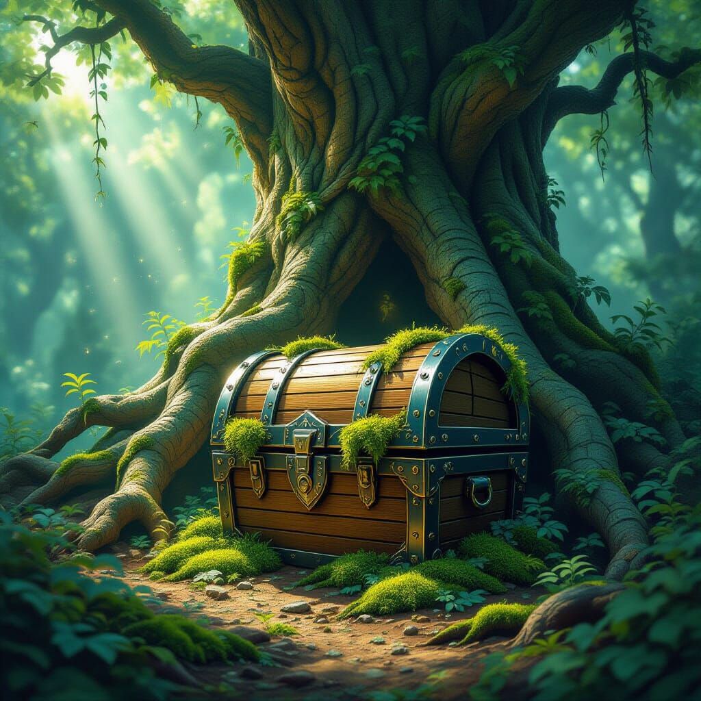 Enchanted Forest Treasure Chest in Painterly Style