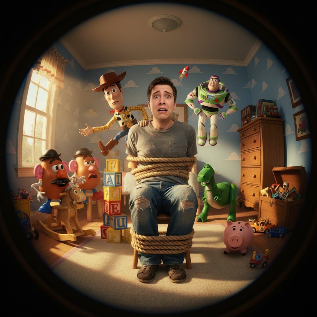 Toy Story Scene: Bound Character in Fisheye Lens