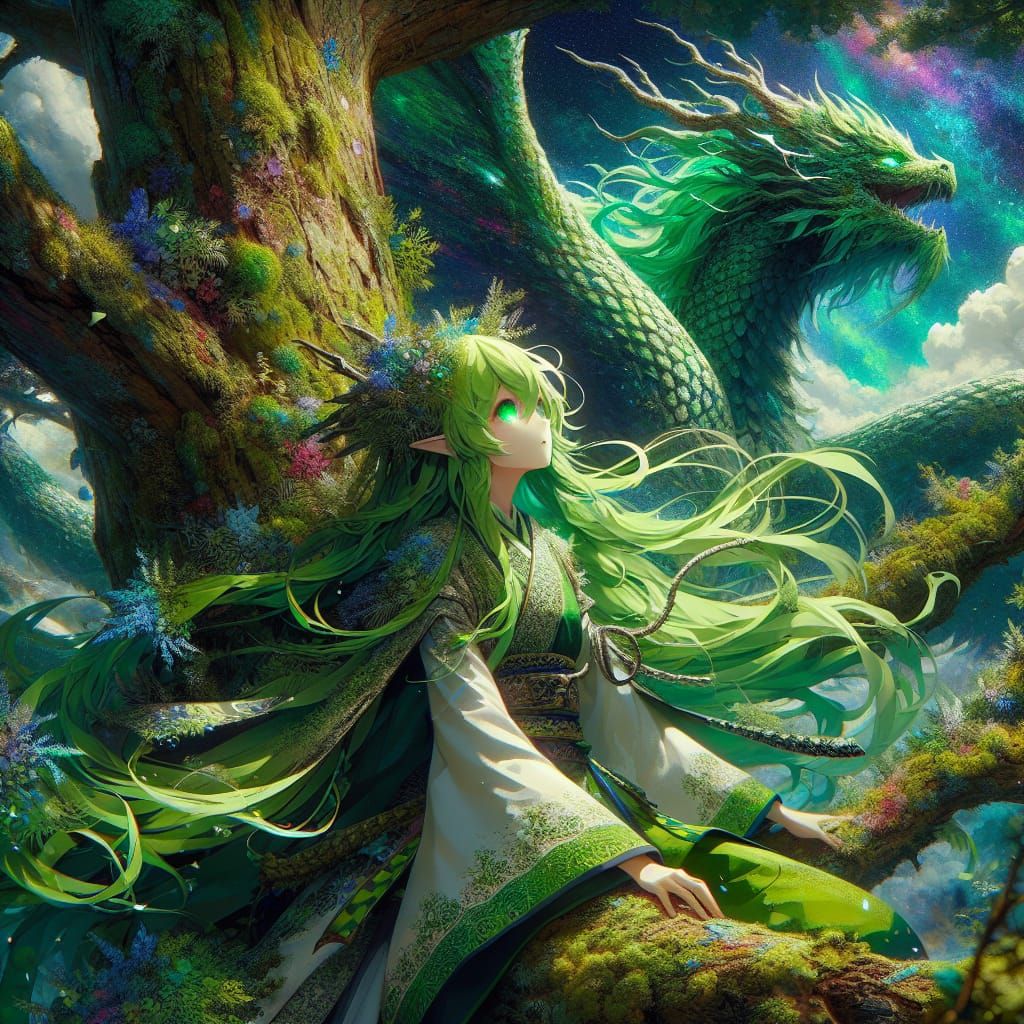 Anime Dryad with Forest Dragon in Sky