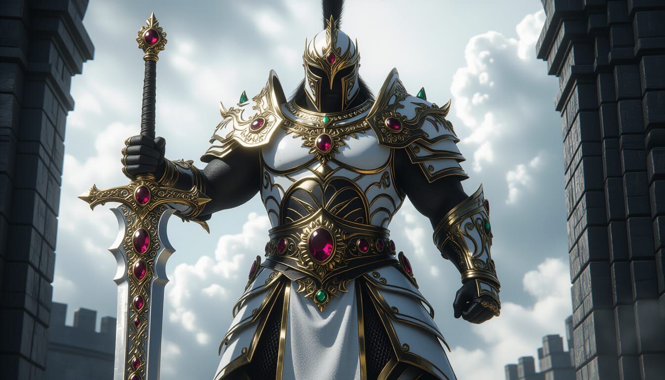 Muscular Warrior in Obsidian Armor at Castle Gate