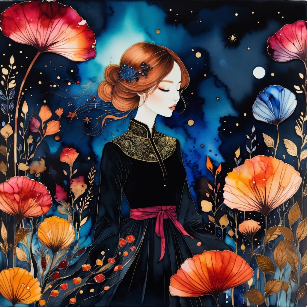 Night Maiden's Autumn Garden: Alcohol Ink Art