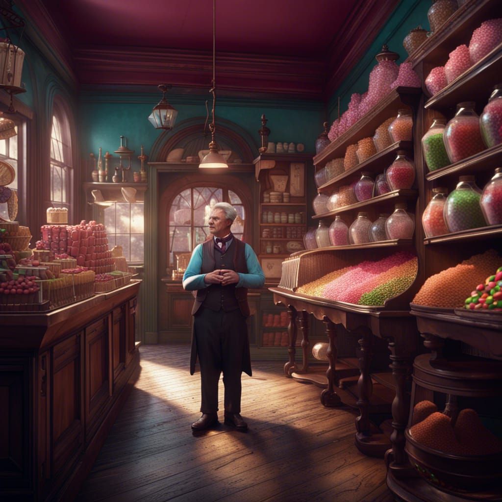 Victorian Candy Shop Owner: Detailed Matte Painting