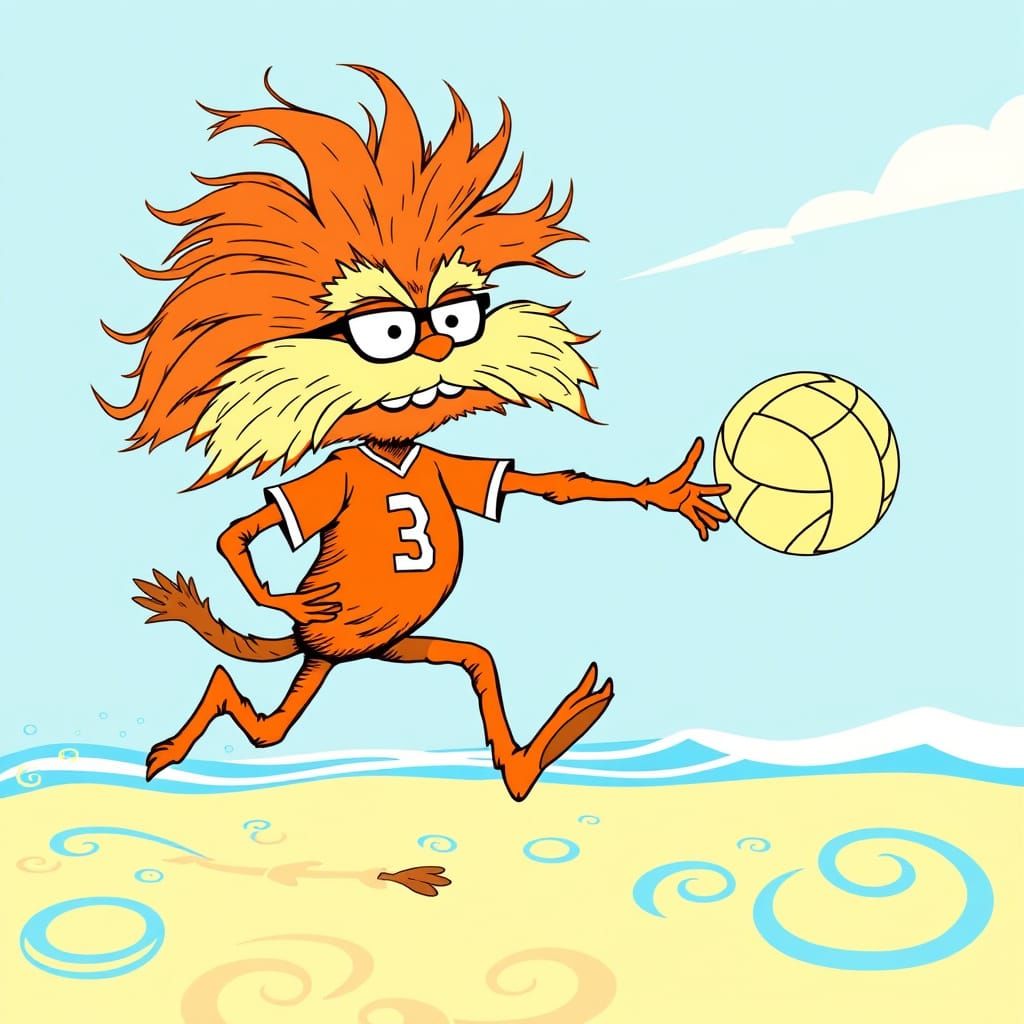 Lorax Plays Beach Volleyball in Dr. Seuss Style