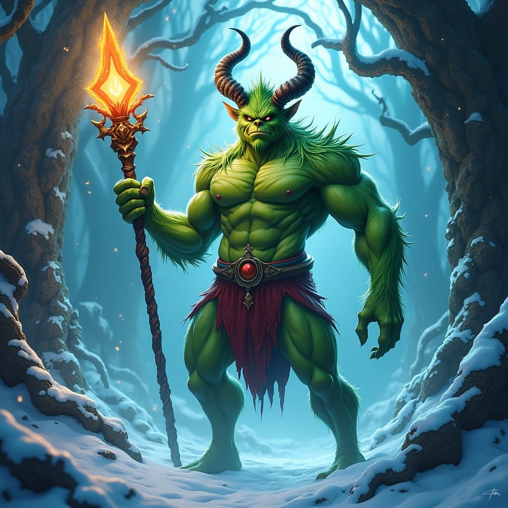 Regal, Buff Demonic Figure Stands Amidst Mystical Winter Lan...