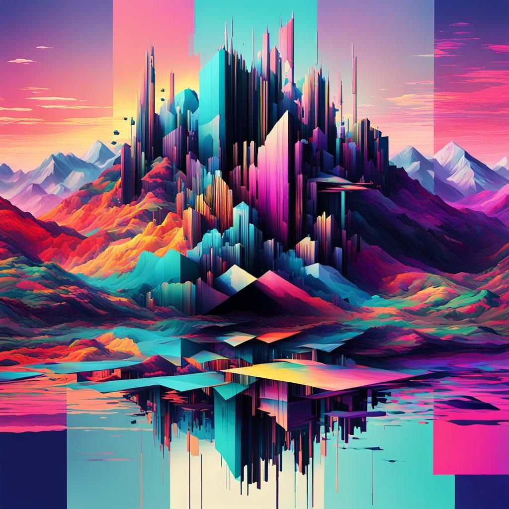 Vibrant Glitch Art Landscape in Digital Style
