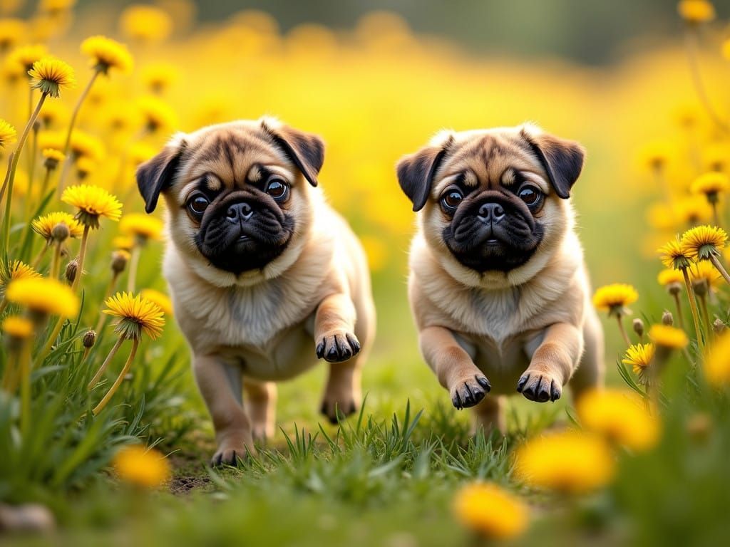 Joyful Pugs Frolic in a Sunlit Dandelion Field