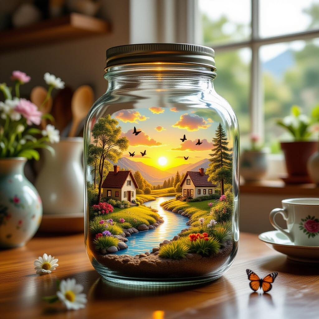 Charming Miniature Countryside Diorama in Glass Jar