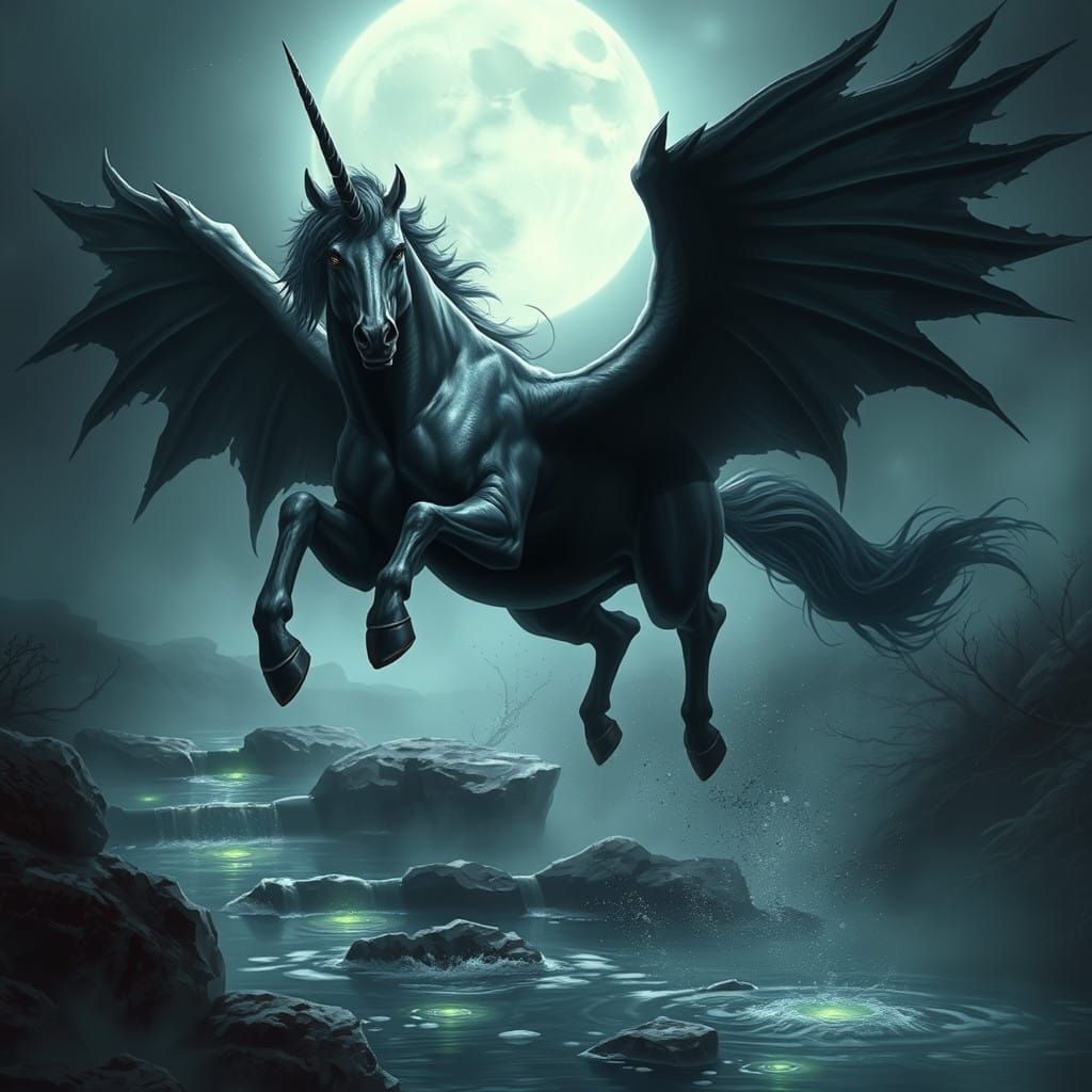 Dark Unicorn Leaps Over Moonlit Brook