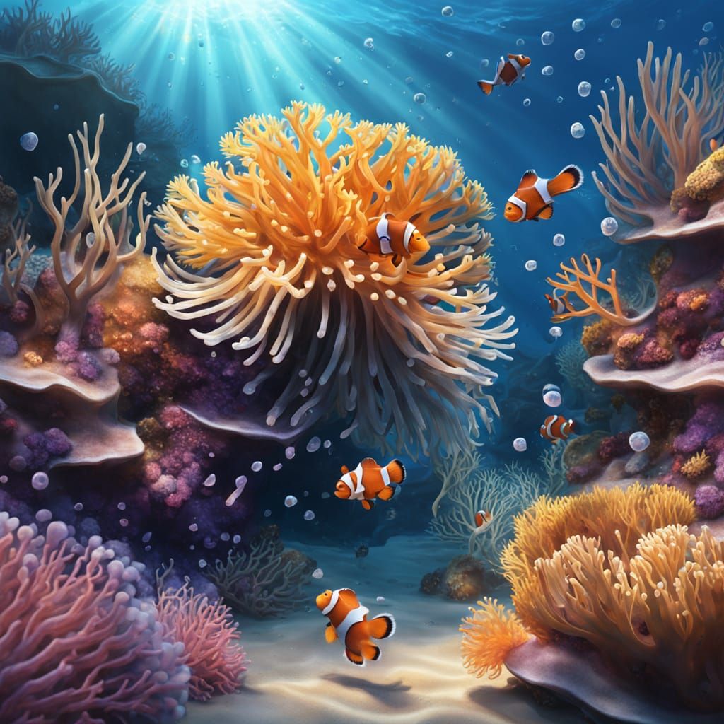 Vibrant Coral Reef with Clownfish and Sharks
