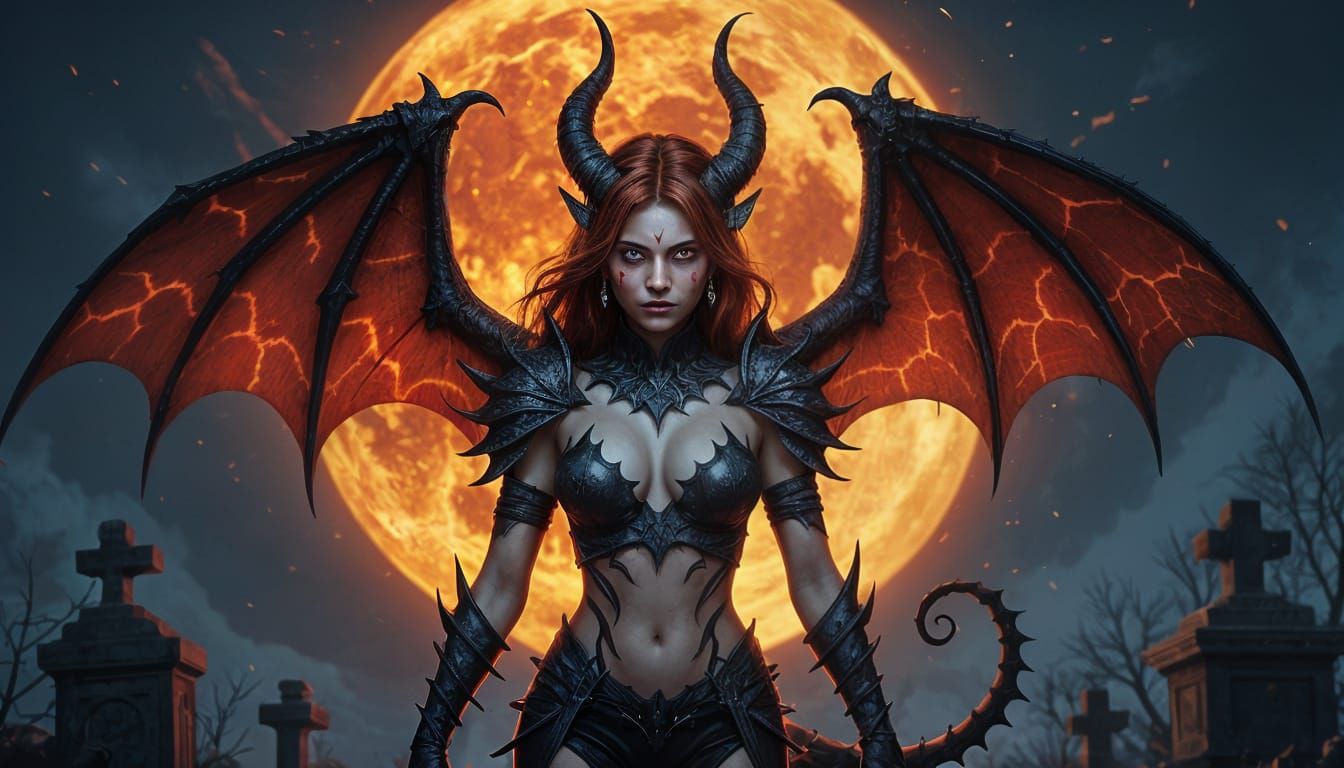 Demonic Woman with Fiery Hair and Bat Wings Under Blood Moon
