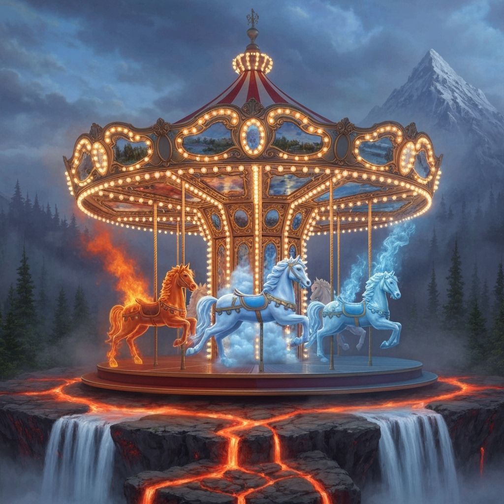 Elemental Carousel on Mountaintop with Lava and Waterfall