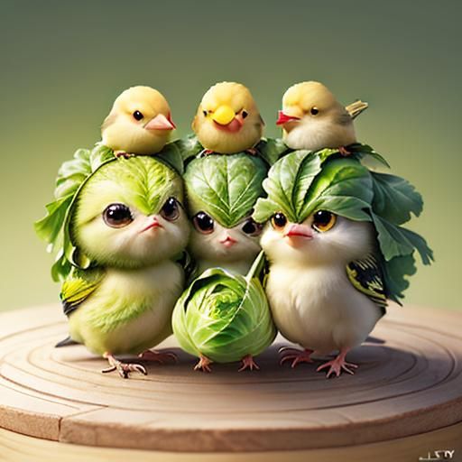Chibi Birds on Anthropomorphic Cabbage: Food Art