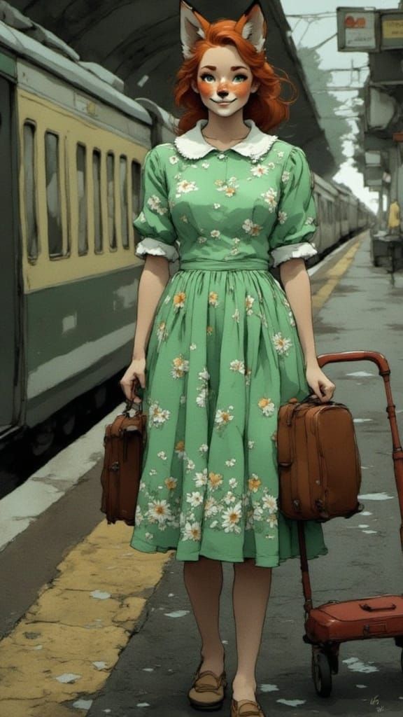 Fox-girl Vixen wearing a vintage dress.