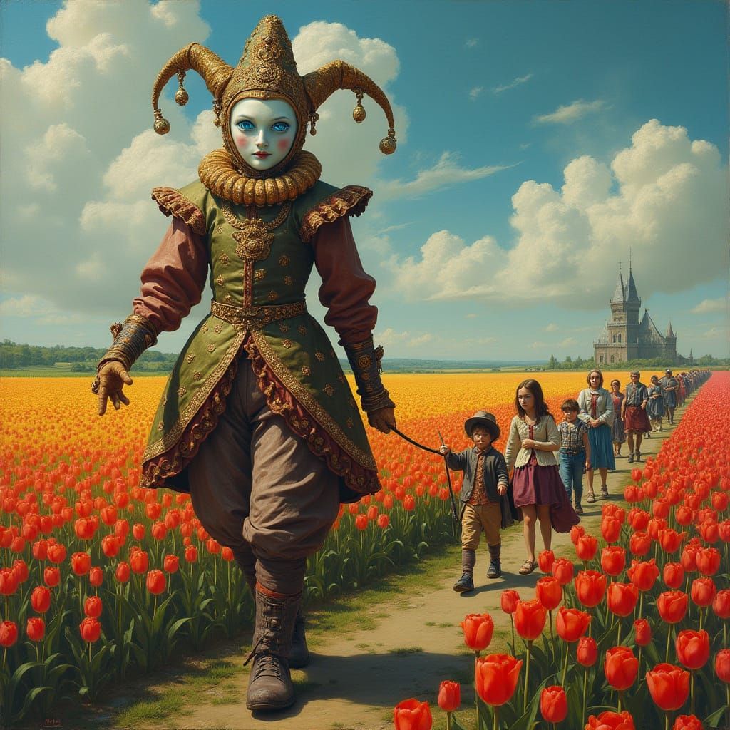 Surreal Harlequin Leads Children in Dürer Style