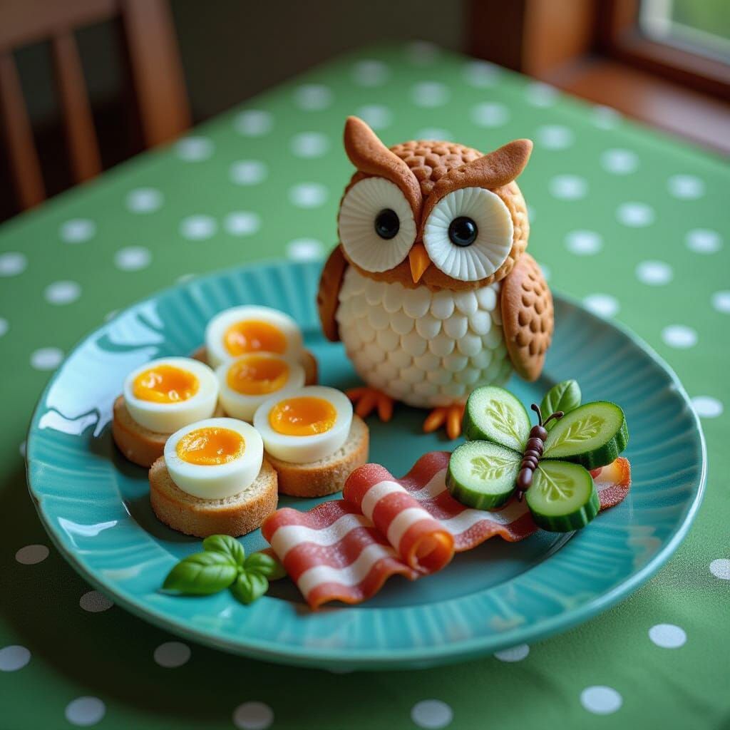Whimsical Owl and Butterfly Lunch in Hyper-Realistic Style
