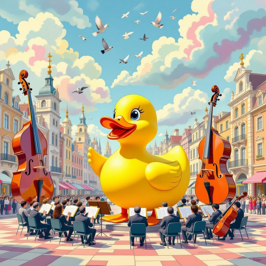 Giant Duck Conducts Pigeon Orchestra in Surreal City