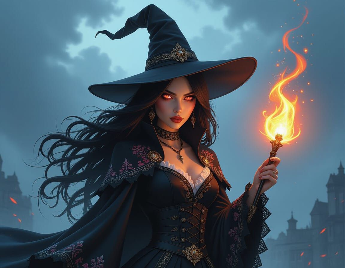 Witch Casting Spell Under Stormy Sky in Fantasy Style
