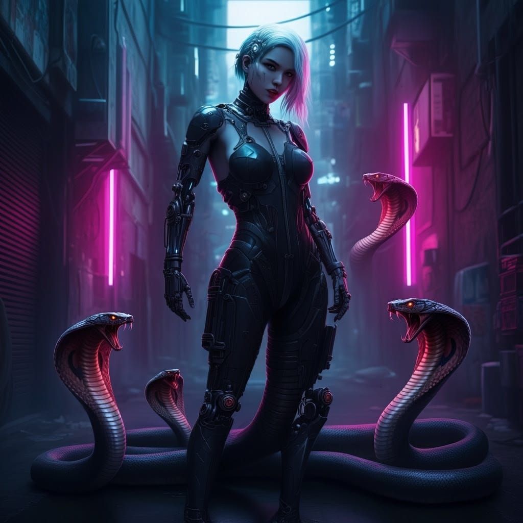 Cybernetic Cobra Girl in Neon Alley