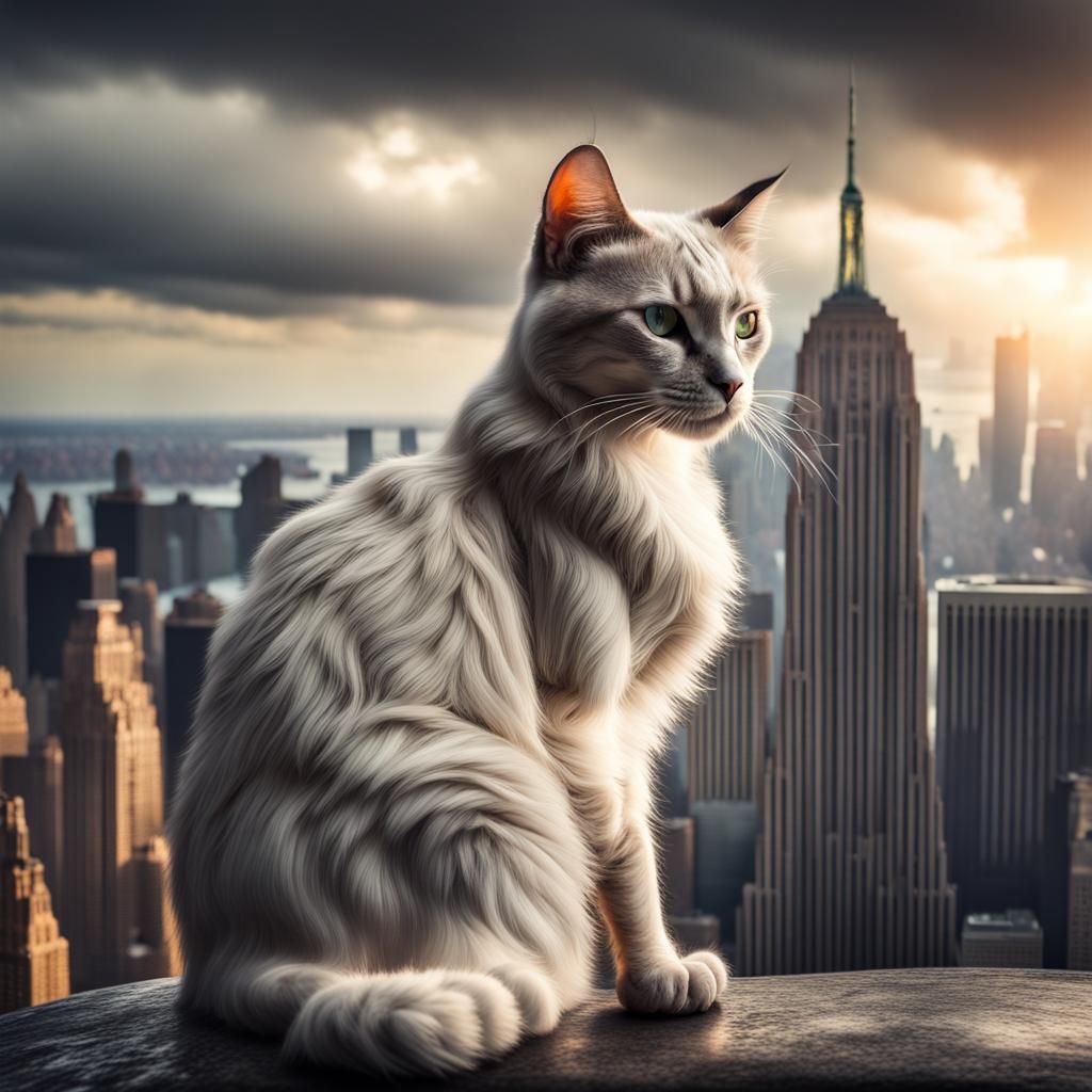 Ethereal Cat Overlooking New York in Hyperrealism