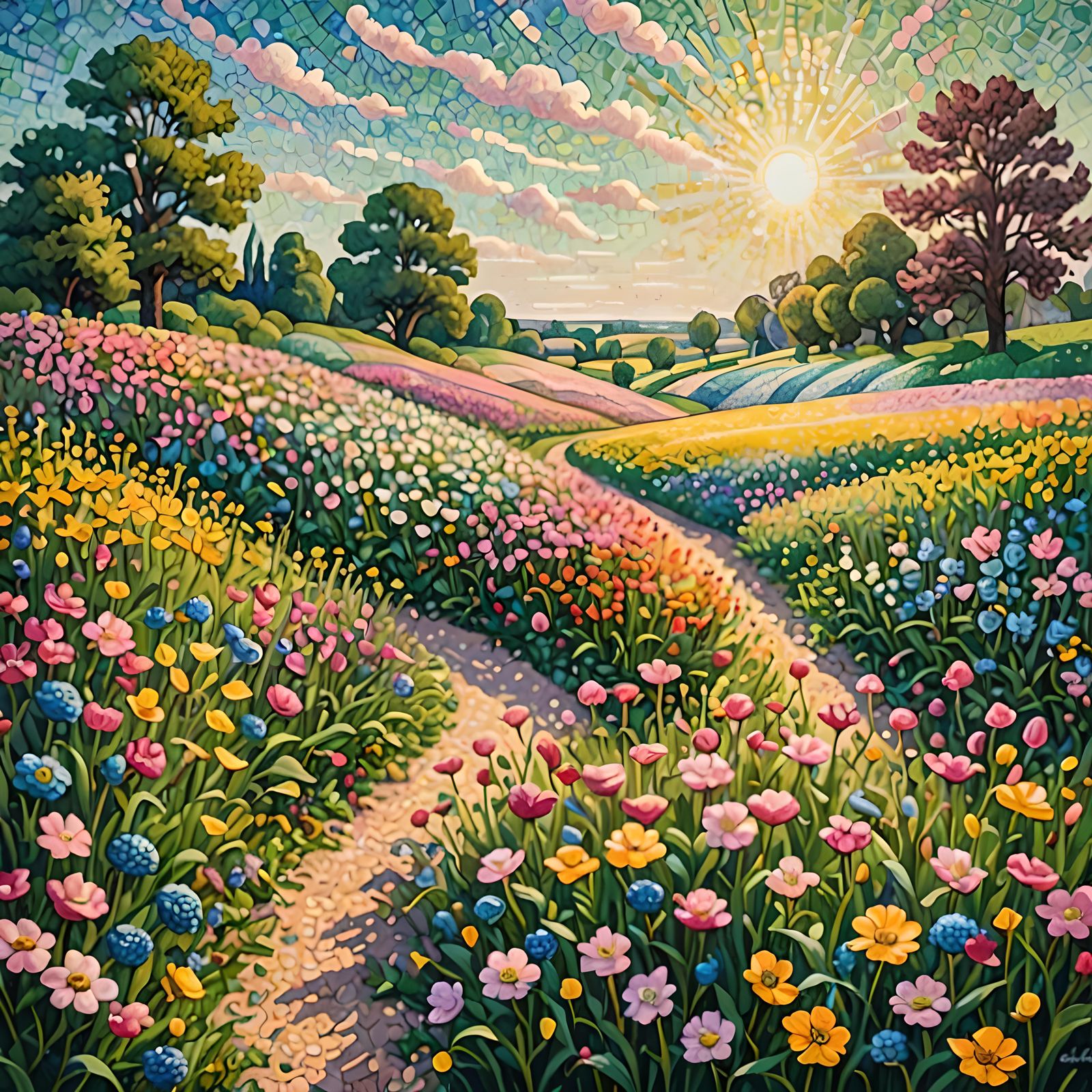 Spring Field in Bloom: A Pointillist Vision