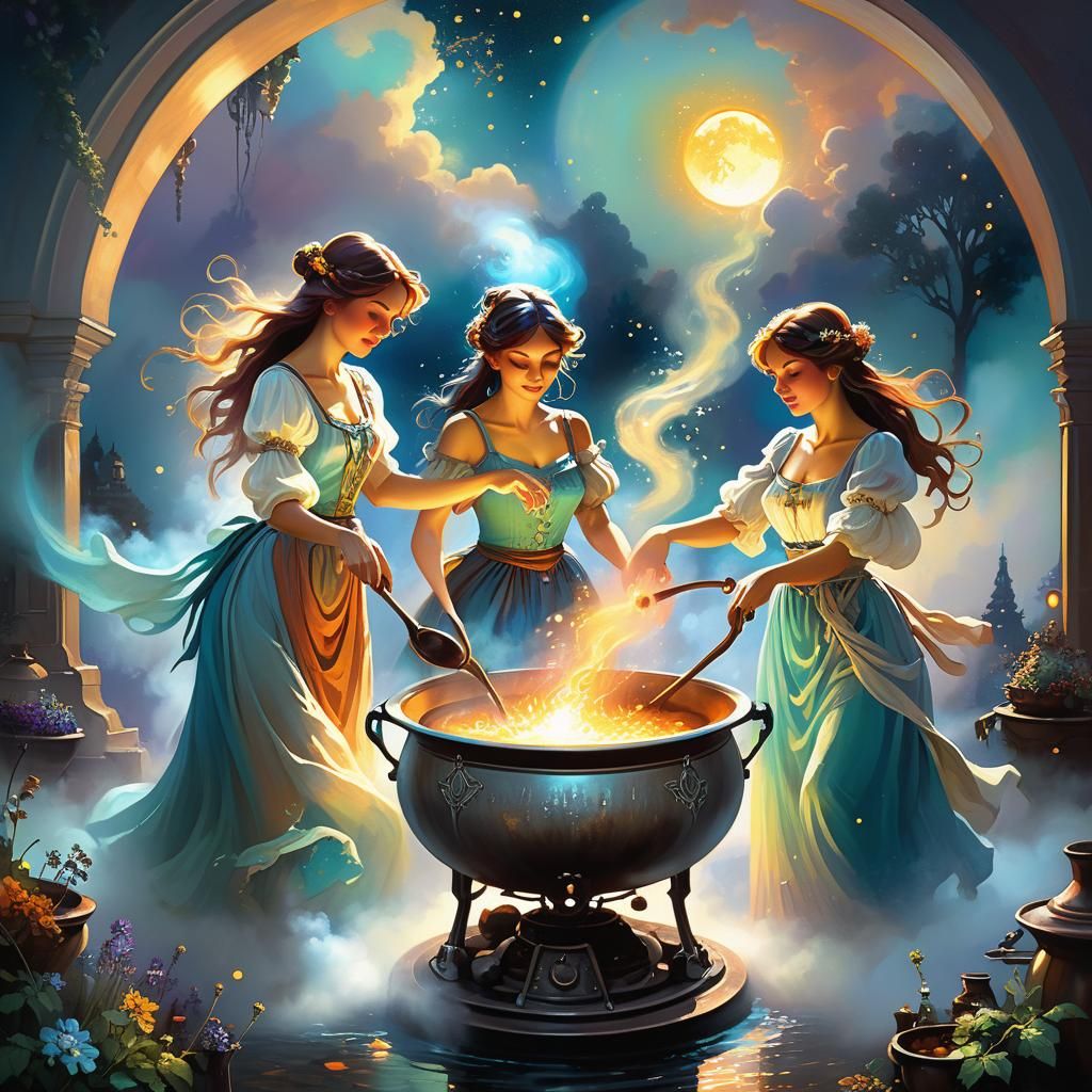 Cosmic Surrealist Fantasy: Women in Moonlight